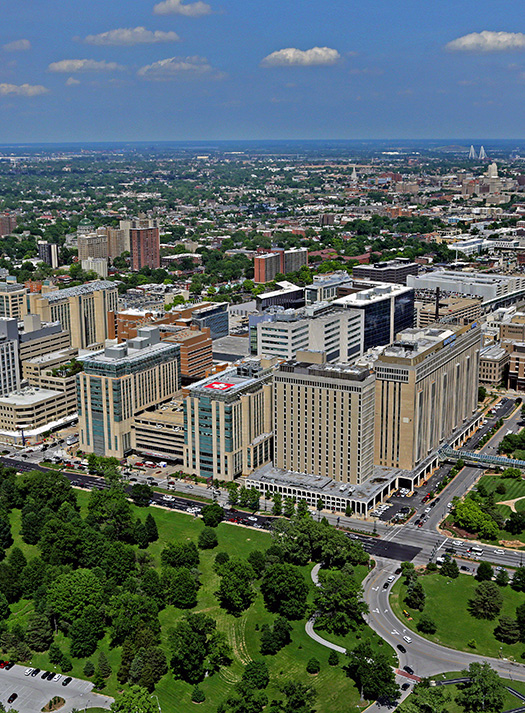 Aerial view of Barnes-Jewish Hospital from Forest Park with downtown St Louis in the background.