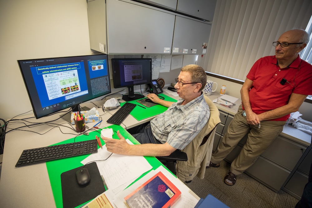 Dmitriy Yablonskiy, PhD, looks at a computer with research information on it and discusses with a lab member standing behind him.