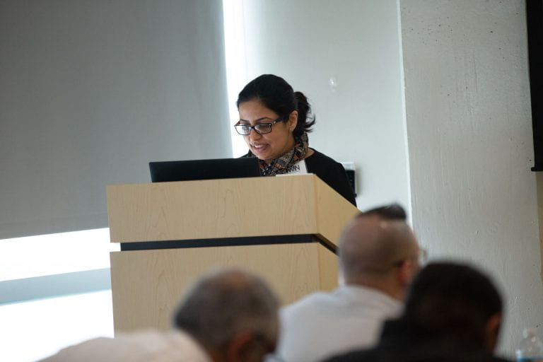 Monica Shokeen, PhD, gives the outreach highlights of the Center for Multiple Myeloma Nanotherapy (CMMN) during the NCI Site Visit for CMMN.