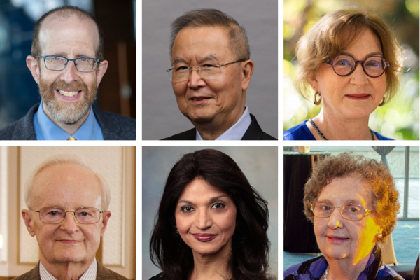 Headshots of 2022 Evens Society honorees Howard Forman, MD, Joseph Lee, MD, M. Victoria Marx, MD, William McAlister, MD, Cooky Menias, MD, and Emily Smith, MD