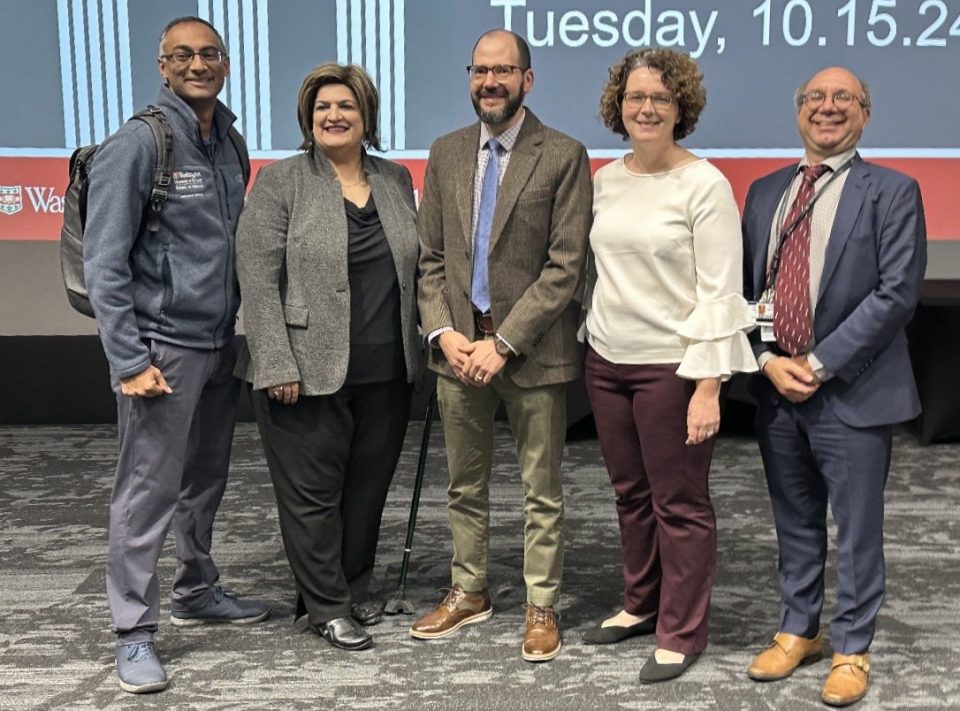 Group photo at the Academy of Educators induction ceremony on October 10th, 2023. From left: Anup Shetty, MD; Cylen Javidan, MD; Tyler Fraum, MD; Michelle Miller-Thomas, MD; and Andy Bierhals, MD.