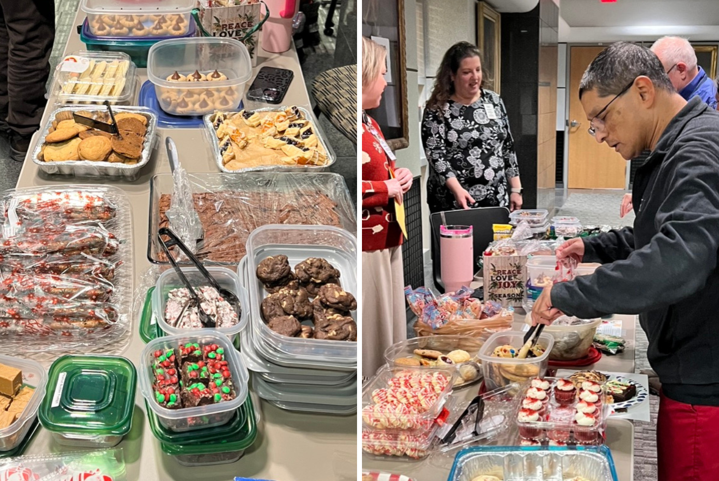 Side-by-side photos of a spread of cookies and baked goods and a man selecting a cookie from a platter at the MIR Giving Project Bake Sale.