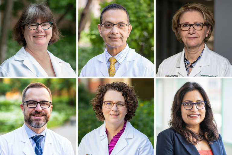 Headshot composite of Tammie Benzinger, MD, PhD; Sanjeev Bhalla, MD; Farrokh Dehdashti, MD; Vincent Mellnick, MD; Michelle Miller-Thomas, MD; and Monica Shokeen, PhD.