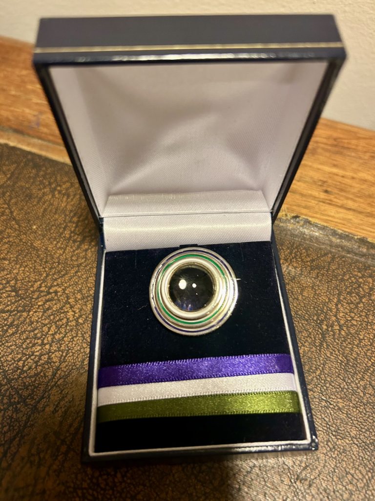 An heirloom brooch gifted to Dr. Monica Shokeen as her International Suffrage Science Award.