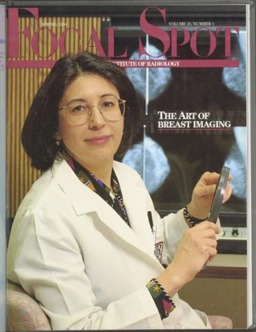 Barbara S. Monsees, MD, on the cover of Focal Spot magazine, Spring 1994 issue with "The Art of Breast Imaging" text overlaid on mammograms.