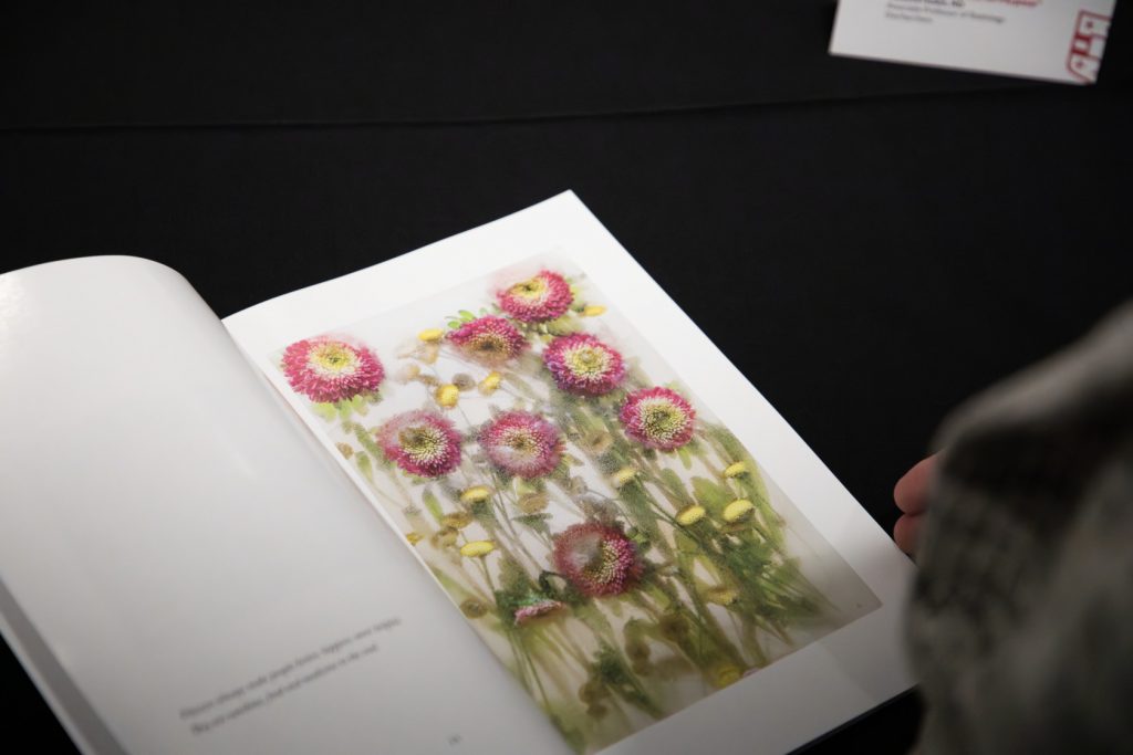 Dr. Rebecca Hulett's book "Flowers in Ice" features her photos of flowers frozen in ice.