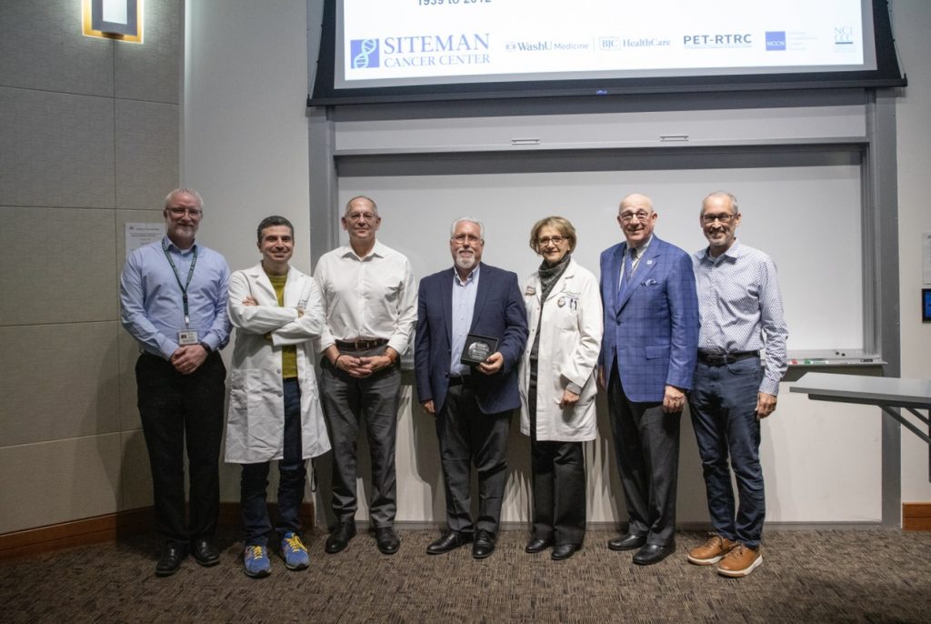 From left: Michael L. Nickels, PhD, Daniel L.J. Thorek, PhD, Robert J. Gropler, MD, Henry Vanbrocklin, PhD, Farrokh Dehdashti, MD, Timothy Eberlein, MD, Buck Rogers, PhD.