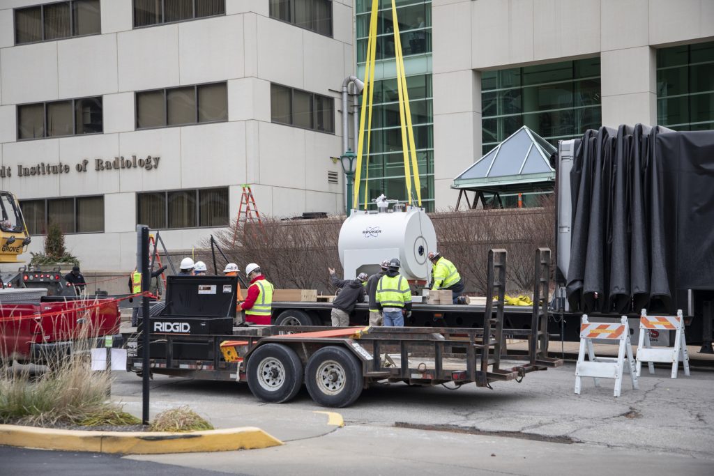 Bruker BioSpec 15.2T MRI scanner is lifted into MIR's East Building