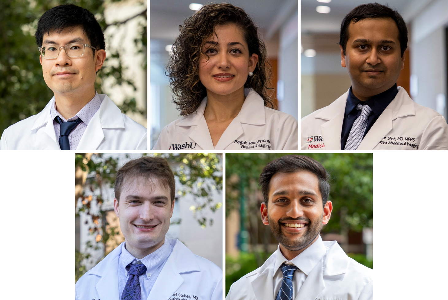 Headshot composite of Andrew L. Chang, MD, PhD; Pegah Khoshpouri, MD; Amar S. Shah, MD; Carl J. Stokes, MD; and Yasasvi (Shez) Tadavarthi, MD.